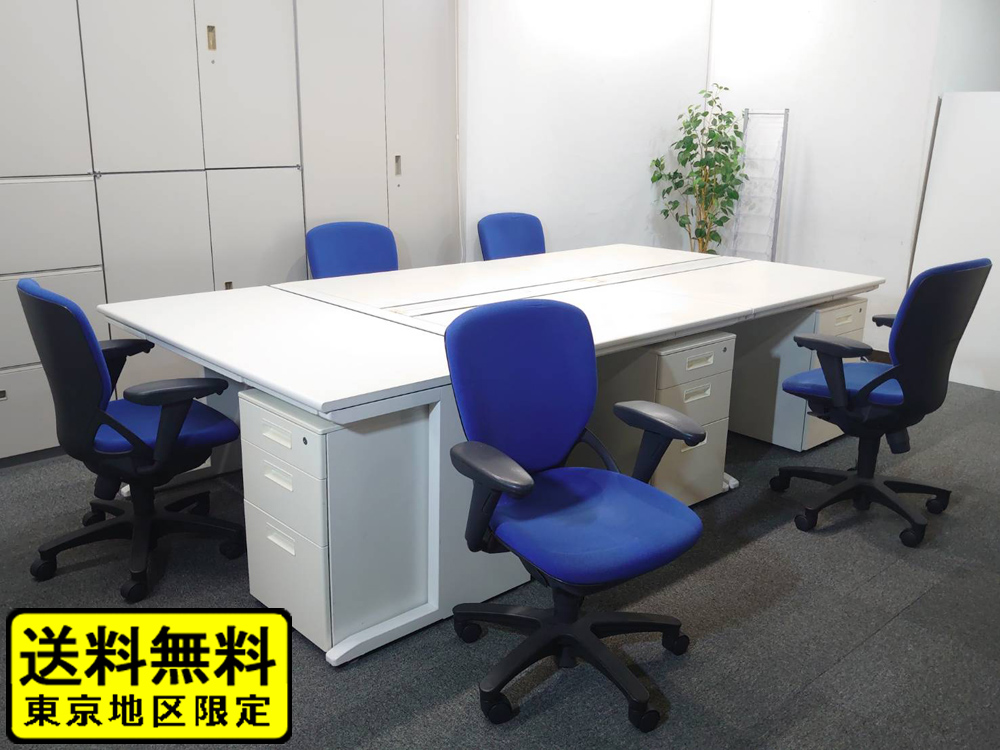 【送料無料 東京地区限定】 【美品】 ５人用 開業セット 平机 片袖机 スチールデスク オフィスデスク 事務デスク ワークデスク 事務机 平デスク 片袖デスク デスクセット ホワイト色 ワゴン スチールワゴン オフィスチェア プレーゴ 【中古オフィス家具】【中古】